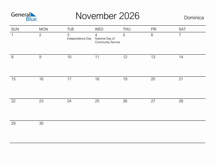 Printable November 2026 Calendar for Dominica