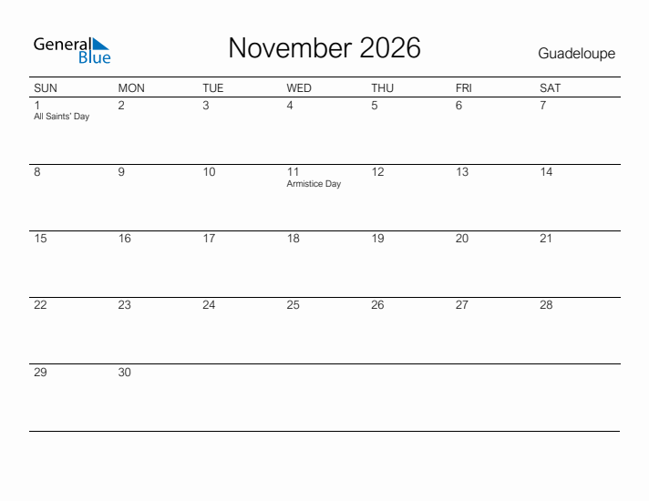 Printable November 2026 Calendar for Guadeloupe