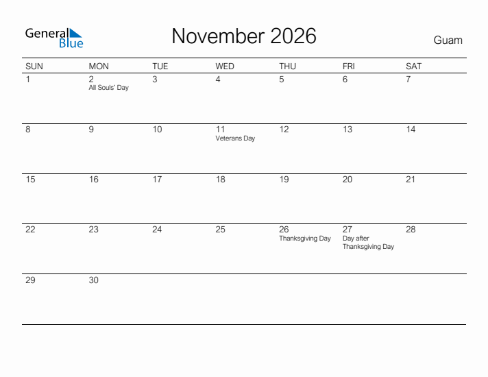 Printable November 2026 Calendar for Guam