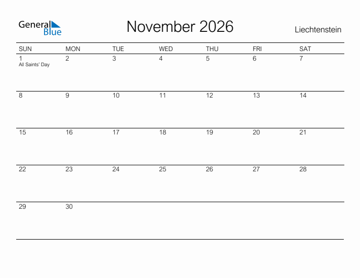 Printable November 2026 Calendar for Liechtenstein