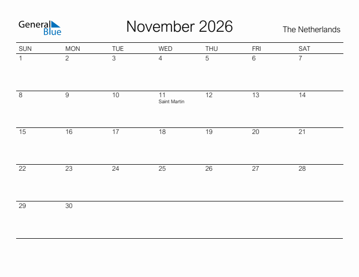 Printable November 2026 Calendar for The Netherlands