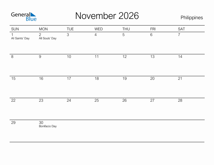 Printable November 2026 Calendar for Philippines