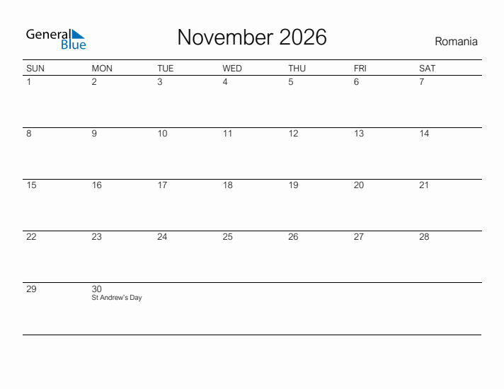 Printable November 2026 Calendar for Romania