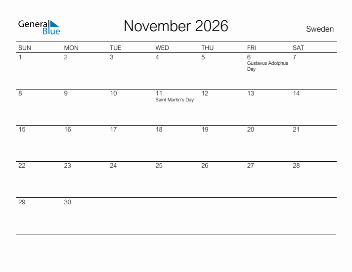 Printable November 2026 Calendar for Sweden