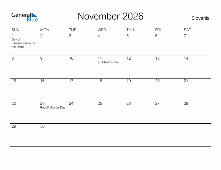 Printable November 2026 Calendar for Slovenia