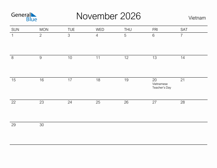 Printable November 2026 Calendar for Vietnam