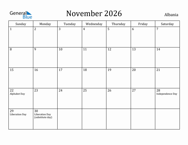 November 2026 Calendar Albania