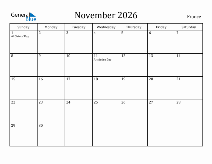 November 2026 Calendar France