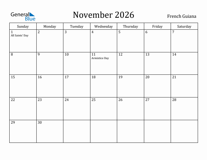 November 2026 Calendar French Guiana