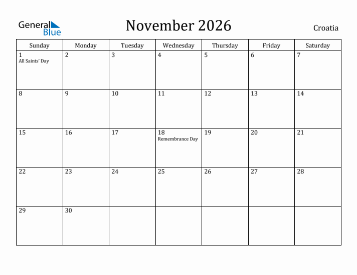 November 2026 Calendar Croatia