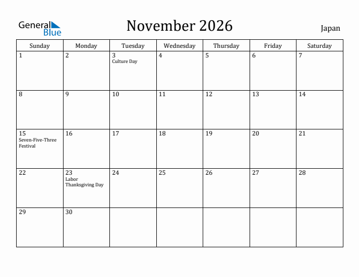 November 2026 Calendar Japan