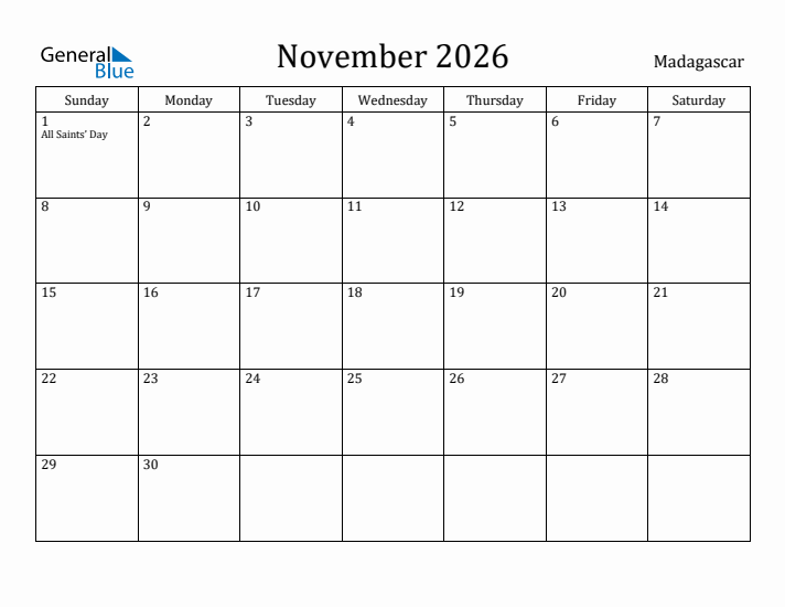 November 2026 Calendar Madagascar