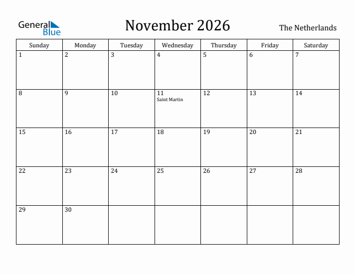 November 2026 Calendar The Netherlands