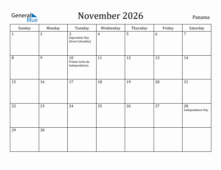 November 2026 Calendar Panama