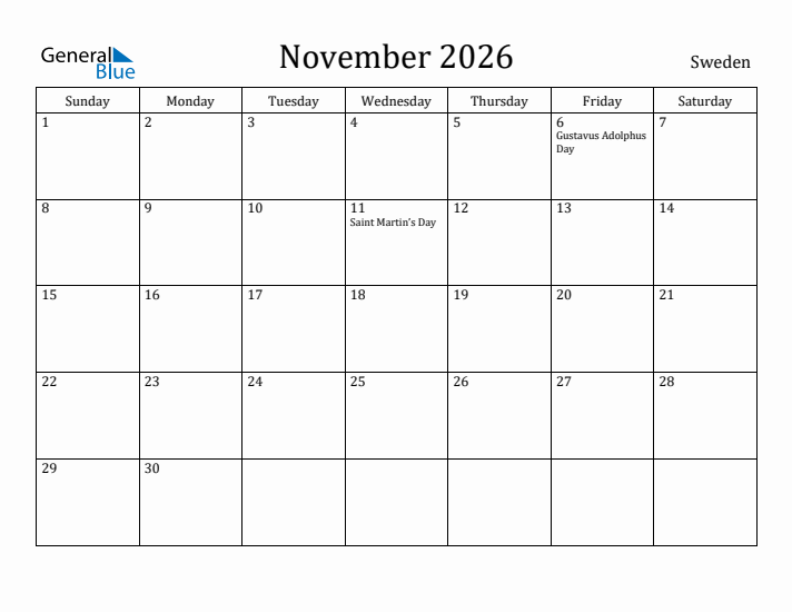 November 2026 Calendar Sweden