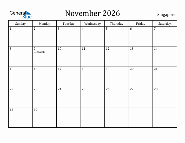 November 2026 Calendar Singapore