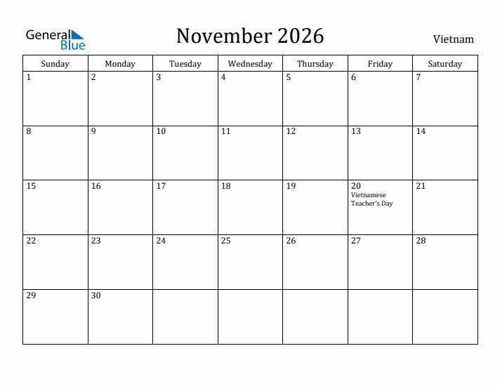 November 2026 Calendar Vietnam