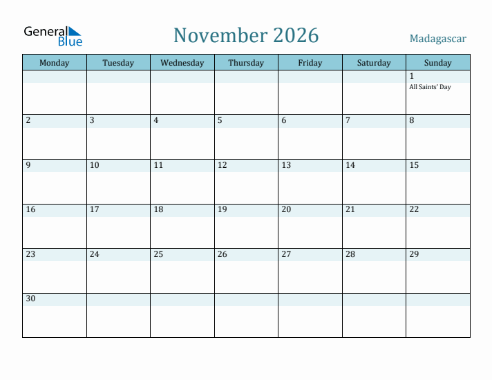 November 2026 Calendar with Holidays