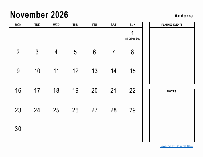 November 2026 Printable Monthly Calendar with Andorra Holidays