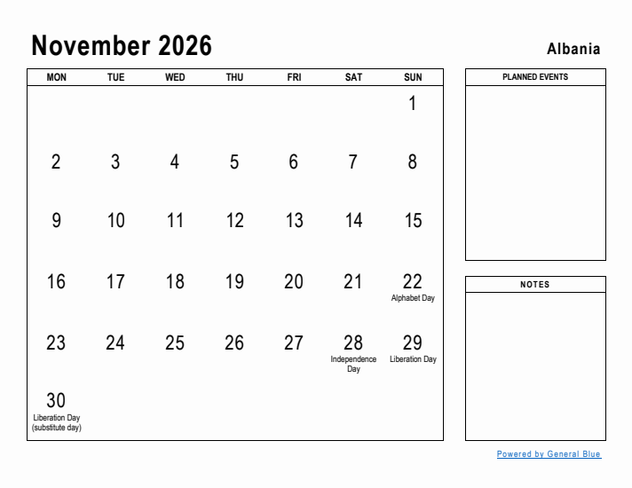 November 2026 Printable Monthly Calendar with Albania Holidays