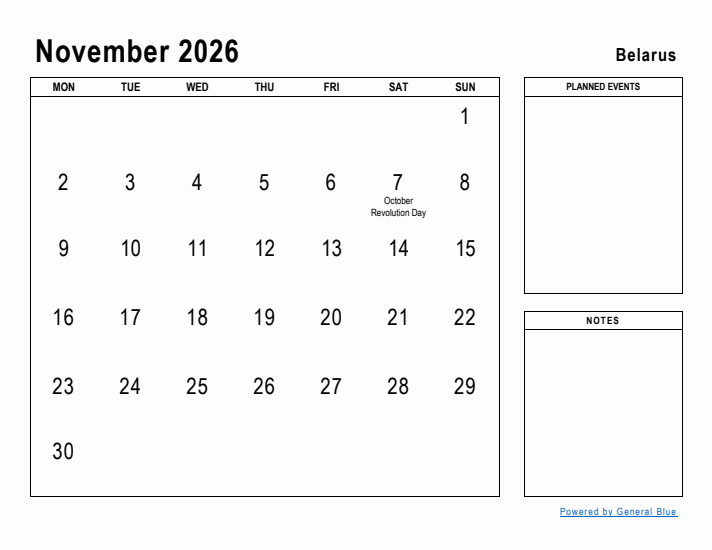 November 2026 Printable Monthly Calendar with Belarus Holidays