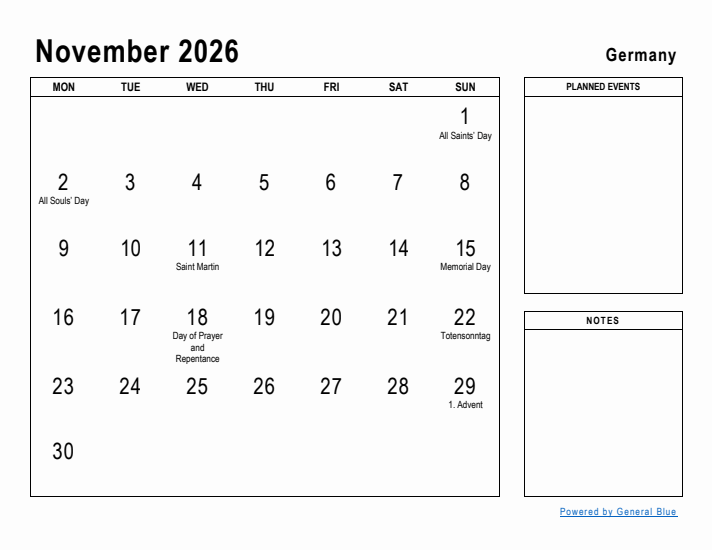 November 2026 Printable Monthly Calendar with Germany Holidays