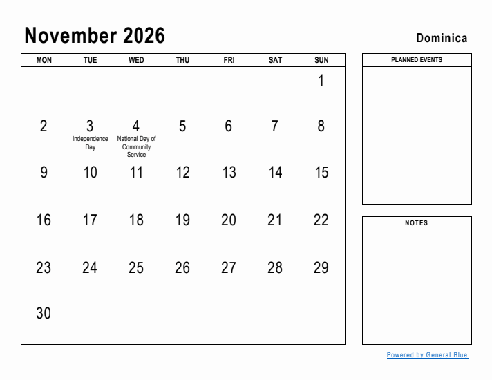 November 2026 Printable Monthly Calendar with Dominica Holidays