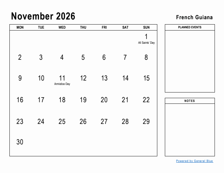 November 2026 Printable Monthly Calendar with French Guiana Holidays