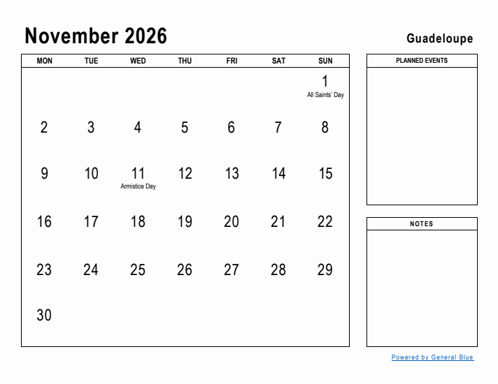 November 2026 Printable Monthly Calendar with Guadeloupe Holidays