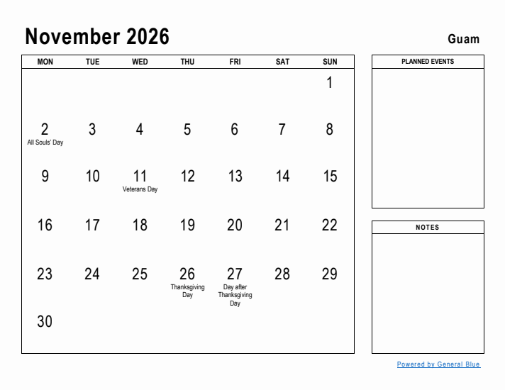 November 2026 Printable Monthly Calendar with Guam Holidays