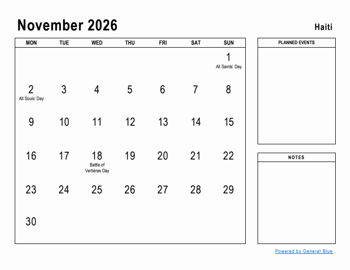 November 2026 Printable Monthly Calendar with Haiti Holidays