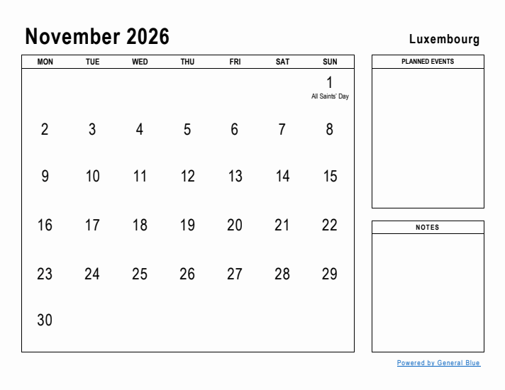 November 2026 Printable Monthly Calendar with Luxembourg Holidays