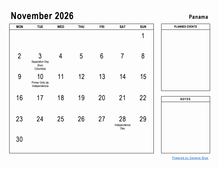 November 2026 Printable Monthly Calendar with Panama Holidays