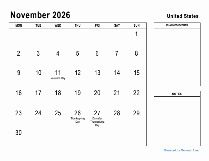 November 2026 Printable Monthly Calendar with United States Holidays