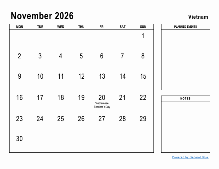 November 2026 Printable Monthly Calendar with Vietnam Holidays