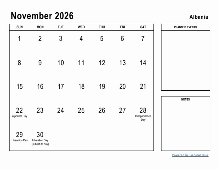 November 2026 Printable Monthly Calendar with Albania Holidays