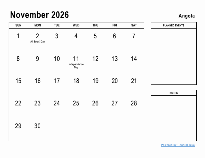 November 2026 Printable Monthly Calendar with Angola Holidays