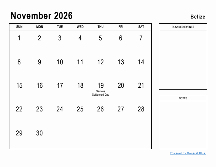 November 2026 Printable Monthly Calendar with Belize Holidays