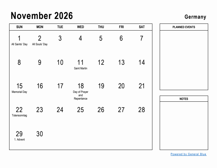 November 2026 Printable Monthly Calendar with Germany Holidays