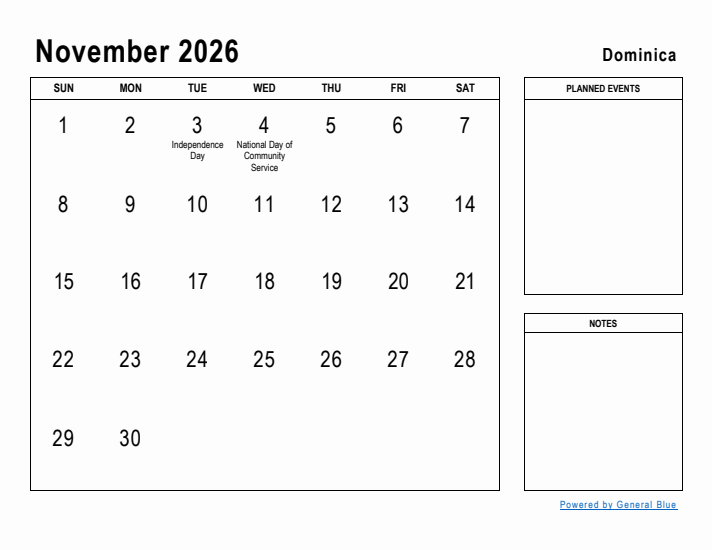 November 2026 Printable Monthly Calendar with Dominica Holidays