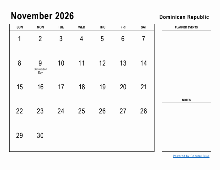 November 2026 Printable Monthly Calendar with Dominican Republic Holidays