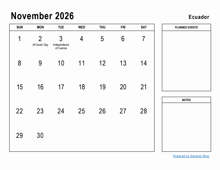 November 2026 Printable Monthly Calendar with Ecuador Holidays