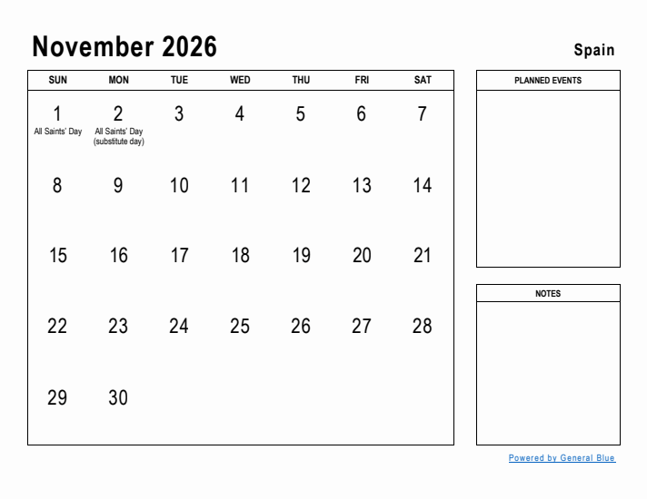 November 2026 Printable Monthly Calendar with Spain Holidays