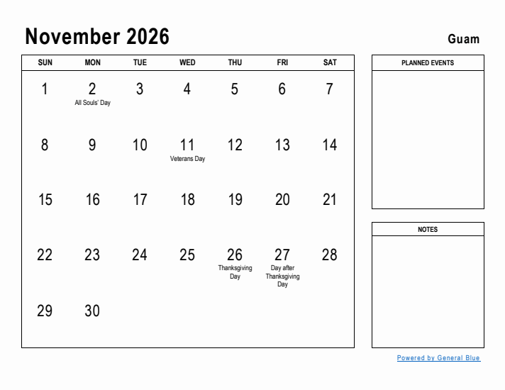 November 2026 Printable Monthly Calendar with Guam Holidays