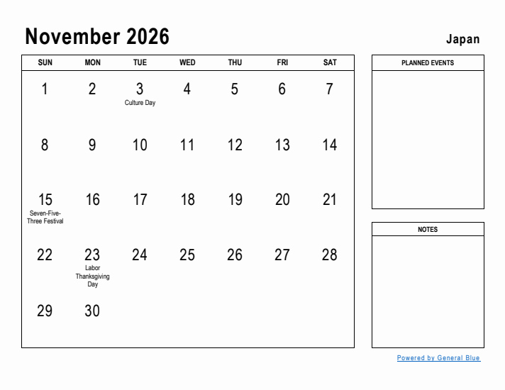 November 2026 Printable Monthly Calendar with Japan Holidays