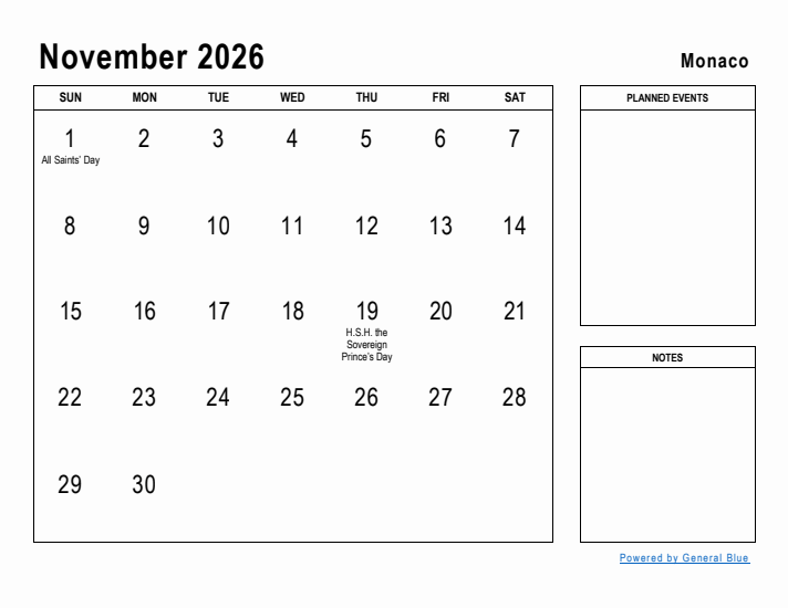 November 2026 Printable Monthly Calendar with Monaco Holidays