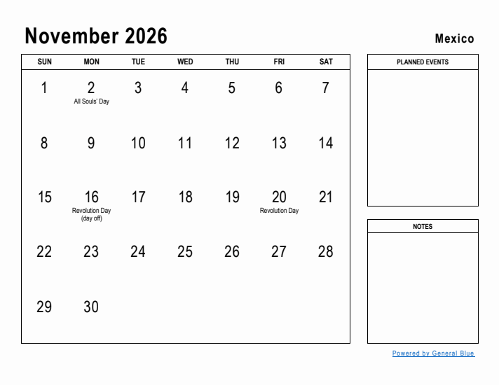 November 2026 Printable Monthly Calendar with Mexico Holidays