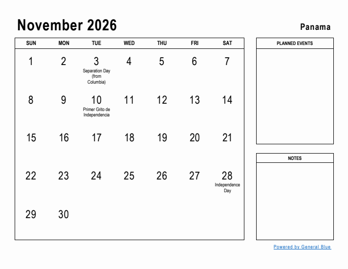 November 2026 Printable Monthly Calendar with Panama Holidays