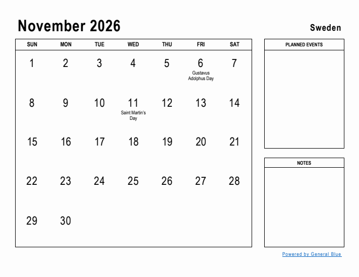 November 2026 Printable Monthly Calendar with Sweden Holidays