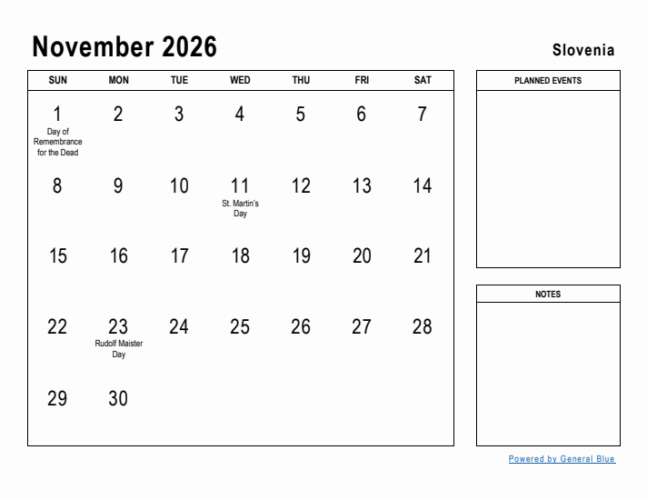 November 2026 Printable Monthly Calendar with Slovenia Holidays